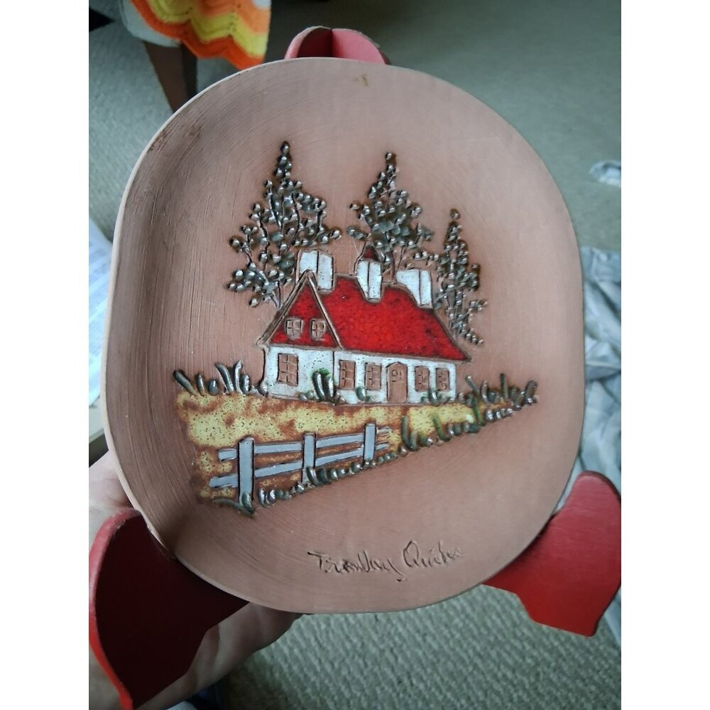 VTG Red Clay Plate Signed Trembley Quebec Historical French Canadian House